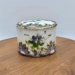 Antique EAPG Dithridge & Co Milk Glass Vanity Trinket Jar Hand Painted